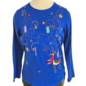 Laura Scott Reindeer Gifts Embroidered and Beaded Crew Neck Shirt in Blue Sz Sm